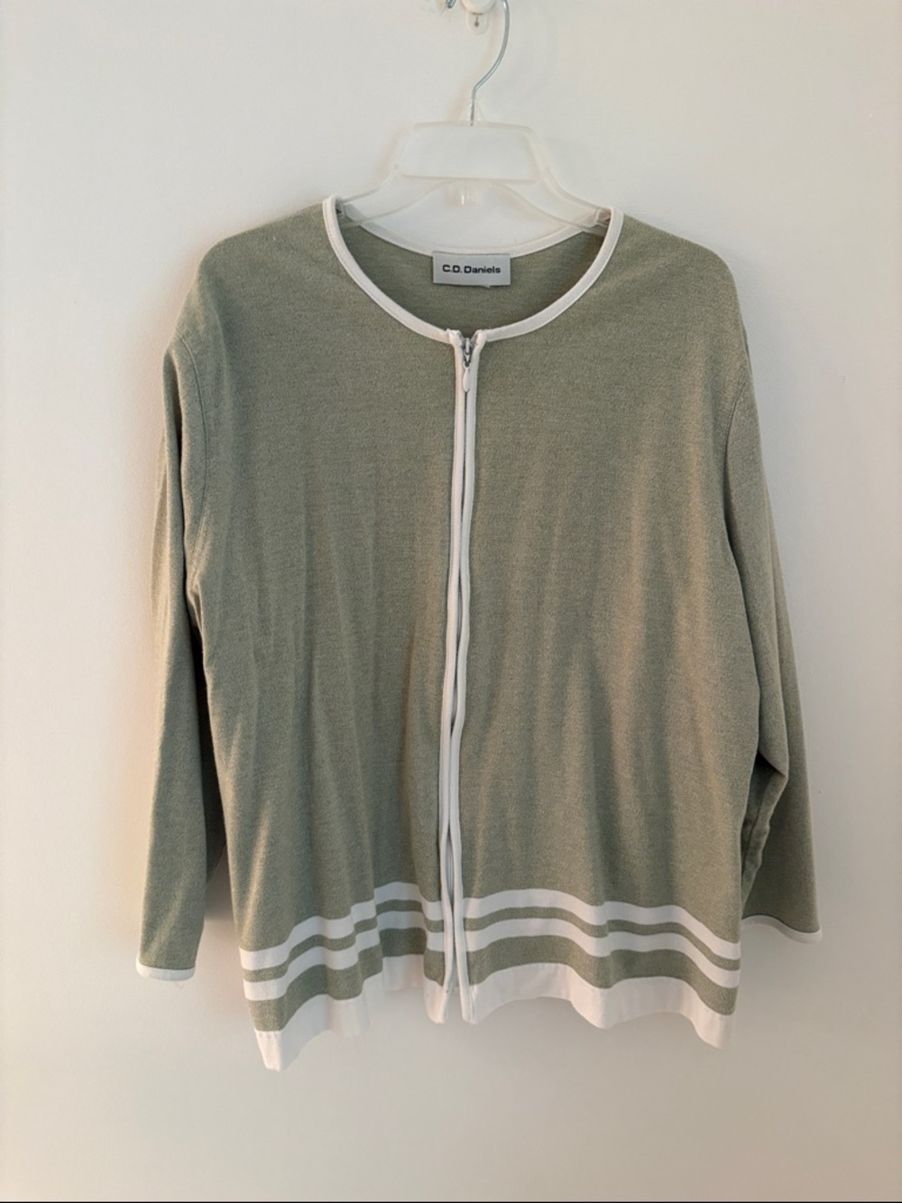 C.D. Daniels Olive Green Zip-Front Cardigan with White Trim